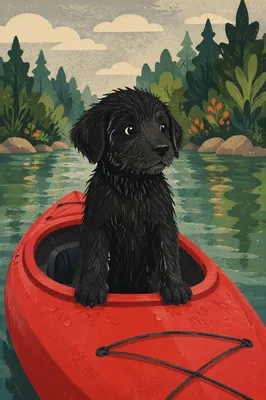 Black Retriever Puppy in Red Kayak
