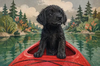 Black Retriever Puppy in Red Kayak