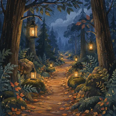 Lantern Lit Forest Path at Blue Hour