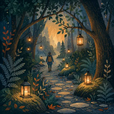 Lantern Lit Forest Path at Blue Hour