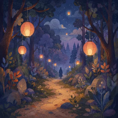 Lantern Lit Forest Path at Blue Hour