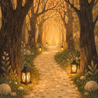 Lantern Lit Forest Path at Evening
