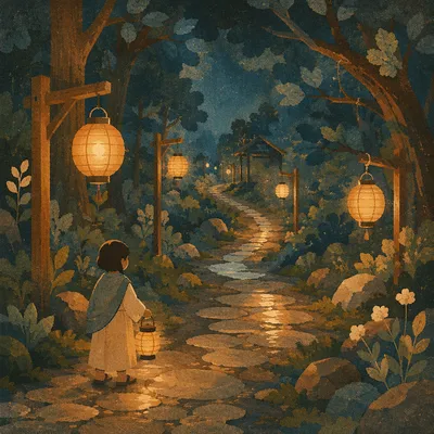 Lantern Lit Forest Path at Blue Hour