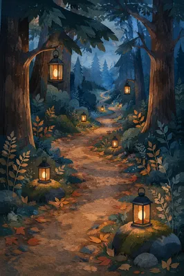 Lantern Lit Forest Path at Blue Hour