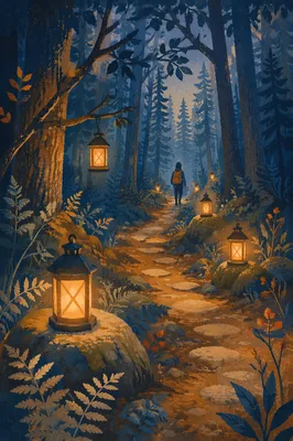 Lantern Lit Forest Path at Blue Hour