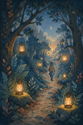 Lantern Lit Forest Path at Blue Hour