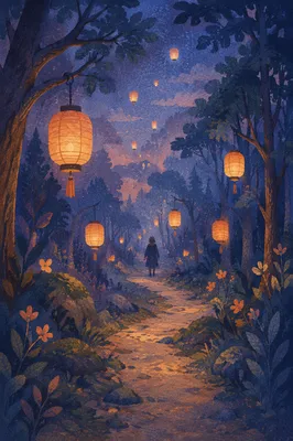 Lantern Lit Forest Path at Blue Hour