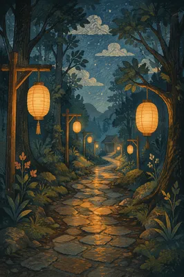 Lantern Lit Forest Path at Blue Hour
