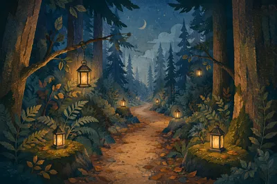 Lantern Lit Forest Path at Blue Hour