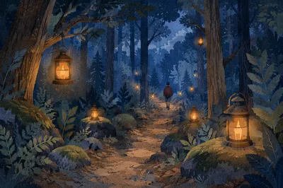 Lantern Lit Forest Path at Blue Hour