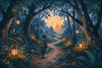 Lantern Lit Forest Path at Blue Hour