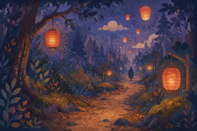 Lantern Lit Forest Path at Blue Hour