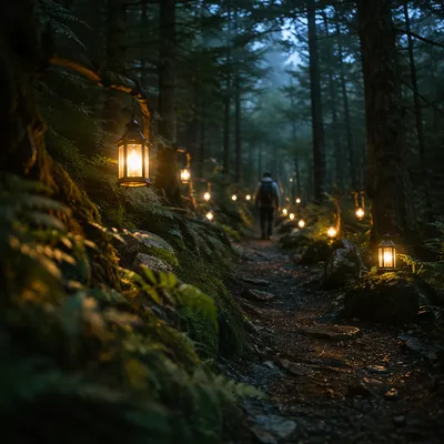 Lantern Lit Forest Path at Blue Hour