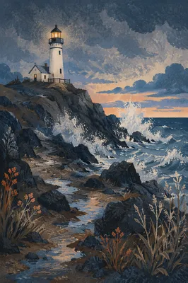 Lighthouse on Rocky Coast at Blue Hour
