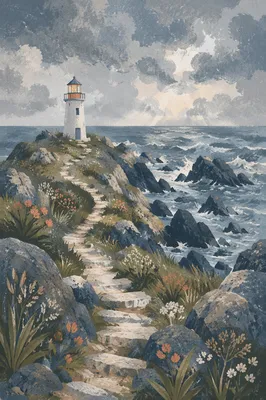 Lighthouse on Rocky Coast Under Storm Clouds