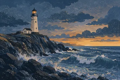 Dramatic Lighthouse on Rocky Coast at Blue Hour