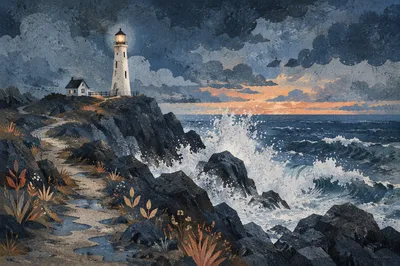 Solitary Lighthouse on Dramatic Rocky Coast