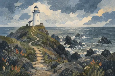 Lighthouse on Rocky Coast Under Storm Clouds