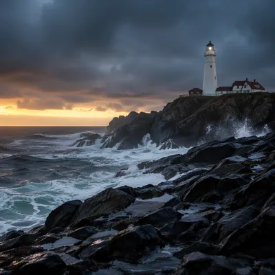Dramatic Lighthouse on Rocky Coast at Blue Hour
