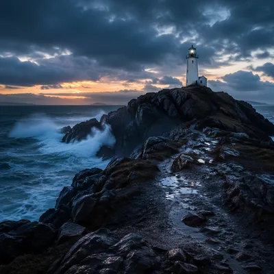Solitary Lighthouse Above Dramatic Ocean Coast