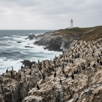Distant Lighthouse Above Dramatic Rocky Coast