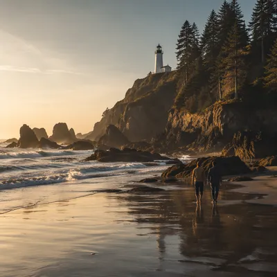 Golden Hour Lighthouse on Rocky Coast