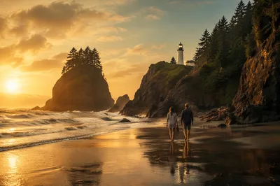 Lighthouse on Rocky Coast at Golden Hour