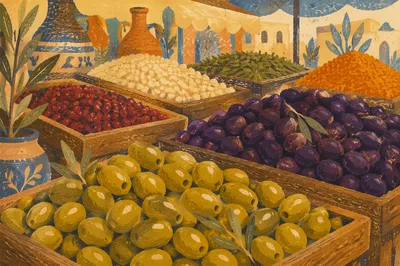 Colorful Mediterranean Market Stall with Olives