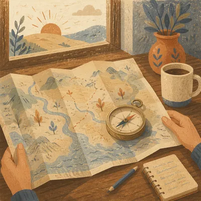 Map and Compass Travel Planning Scene