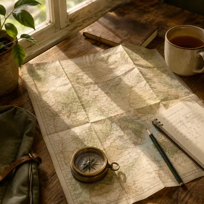 Map and Compass Travel Planning Scene
