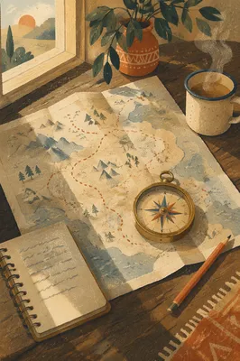 Map and Compass Travel Planning Scene