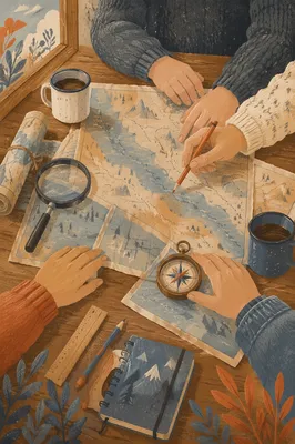 Map and Compass Travel Planning Scene