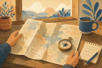 Map and Compass Travel Planning Scene
