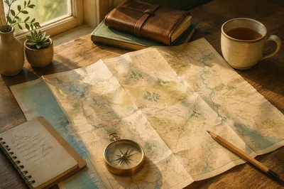 Map and Compass Travel Planning Scene
