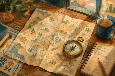 Map and Compass Travel Planning Scene