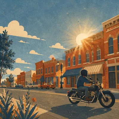 Lone Motorcycle Rider on Sunlit Main Street