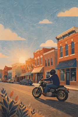 Lone Motorcycle Rider on Sunlit Main Street