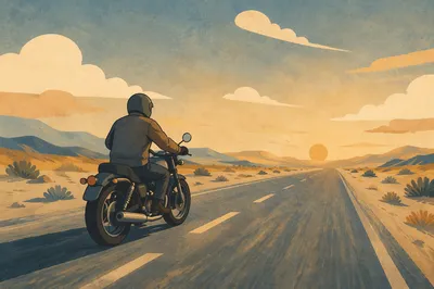 Lone Motorcycle at Desert Sunrise