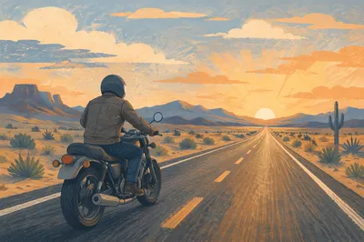 Motorcycle Freedom on Desert Highway Sunrise