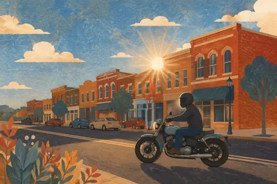 Lone Motorcycle Rider on Sunlit Main Street