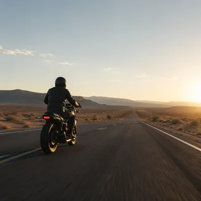 Lone Motorcycle at Desert Sunrise