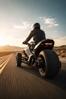 Futuristic Three-Wheel Motorcycle on Open Highway