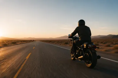 Lone Motorcycle at Sunrise Desert Highway