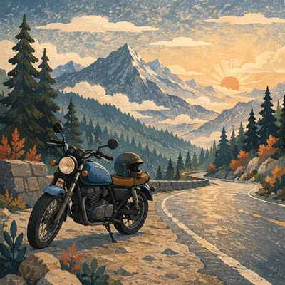Motorcycle on Misty Mountain Road