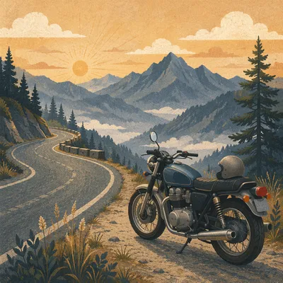 Motorcycle on Misty Mountain Sunrise Road