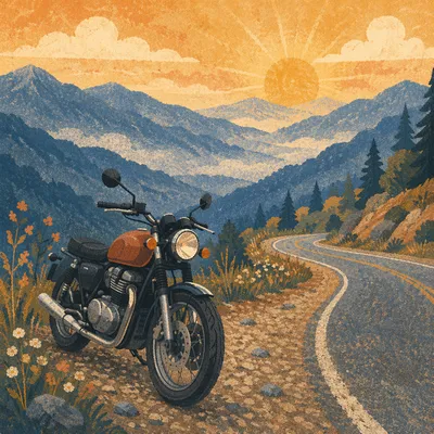Sunrise Motorcycle on Winding Mountain Road