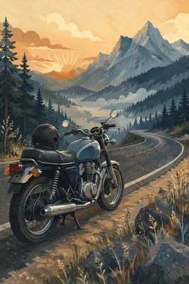 Motorcycle on Misty Mountain Sunrise Road