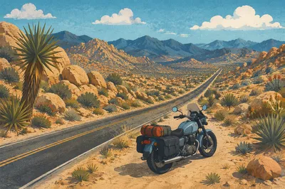 Motorcycle on Scenic Mountain Desert Road