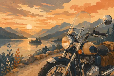 Classic Motorcycle at Alpine Lake Sunset