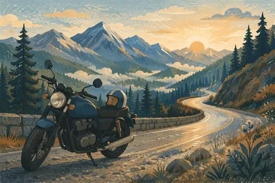 Motorcycle on Misty Mountain Road
